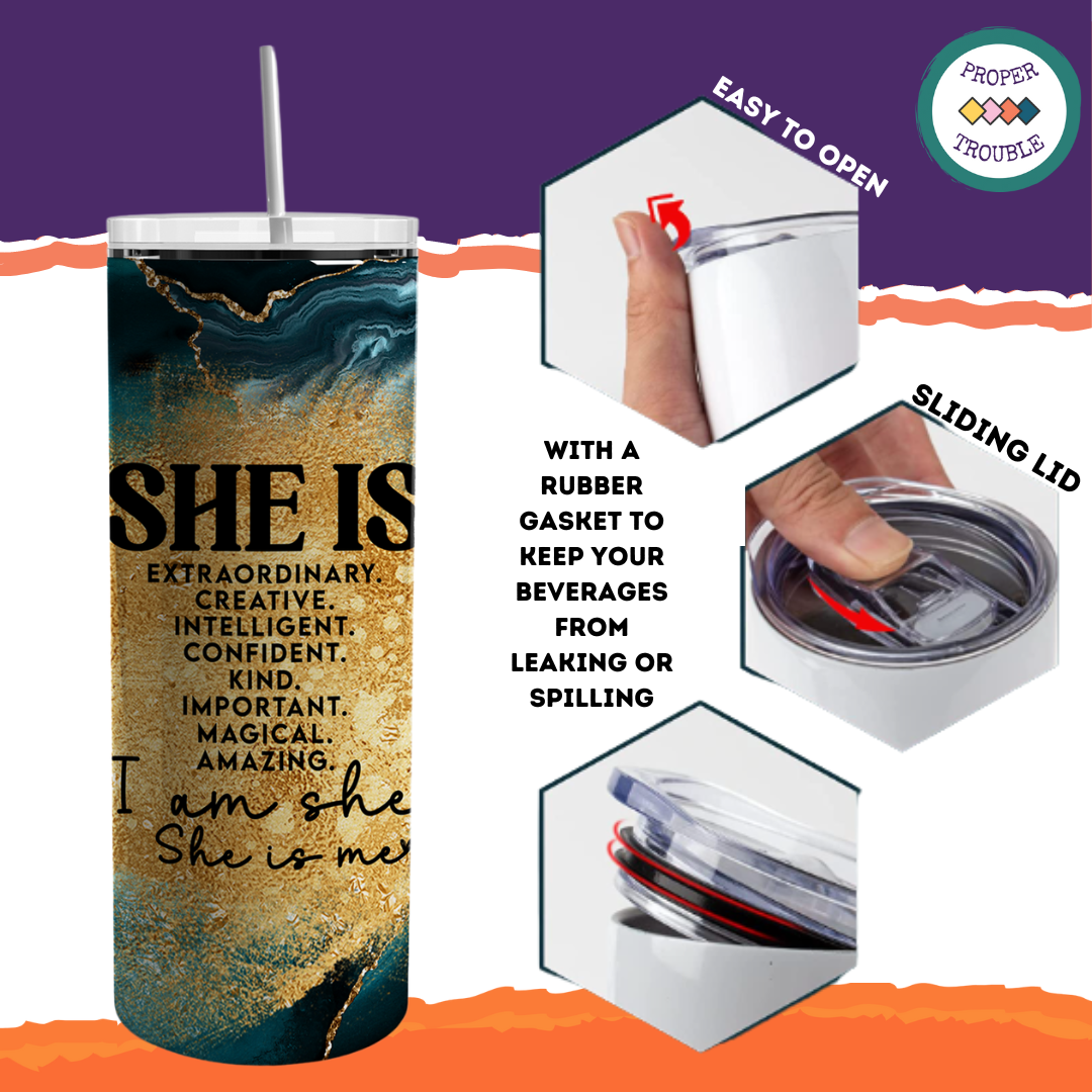 She Is Extraordinary, Amazing, Creative, Intelligent, Kind -Teal/Gold 20oz Travel Tumbler
