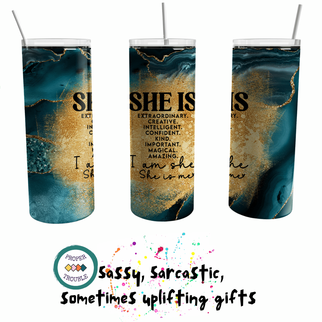 She Is Extraordinary, Amazing, Creative, Intelligent, Kind -Teal/Gold 20oz Travel Tumbler