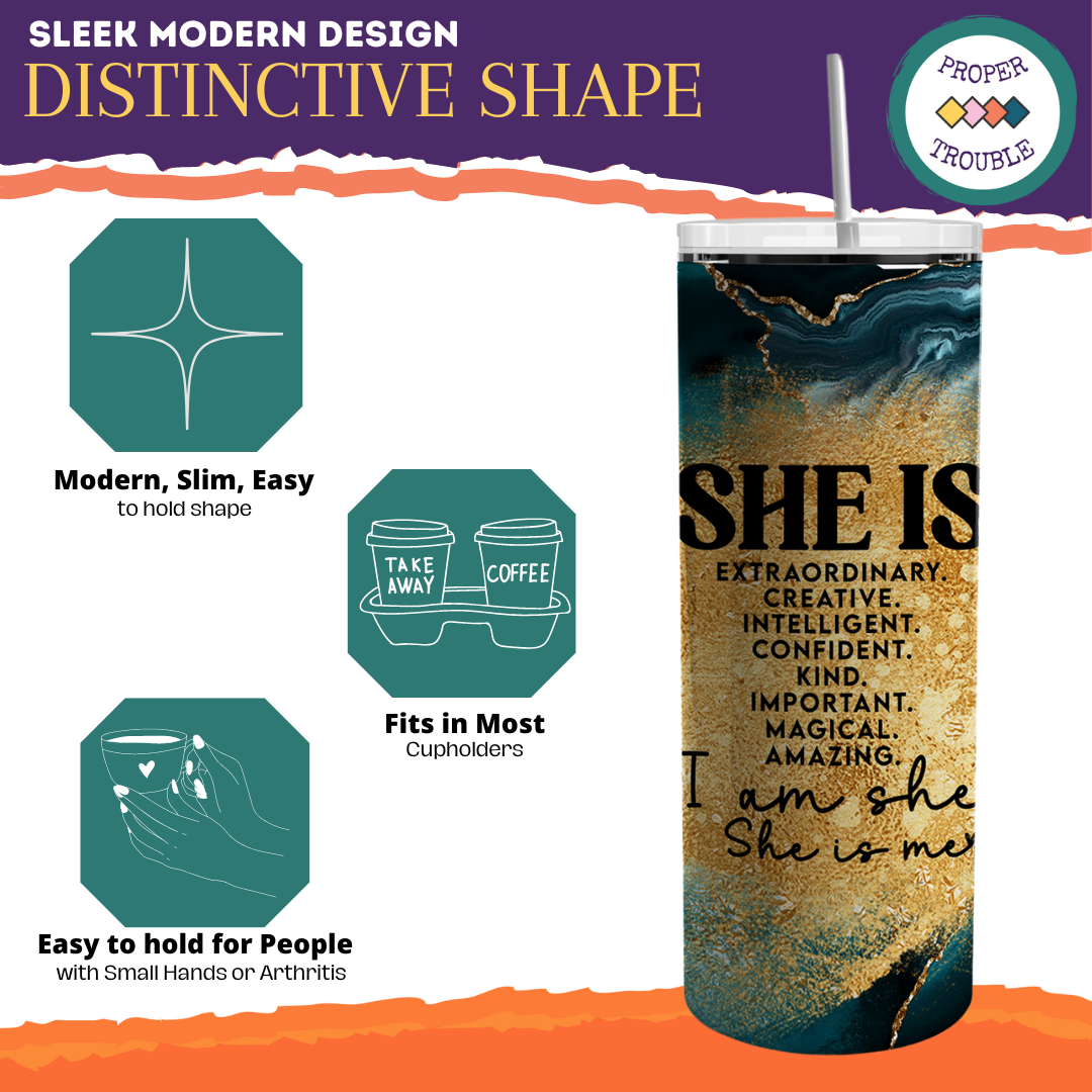 She Is Extraordinary, Amazing, Creative, Intelligent, Kind -Teal/Gold 20oz Travel Tumbler