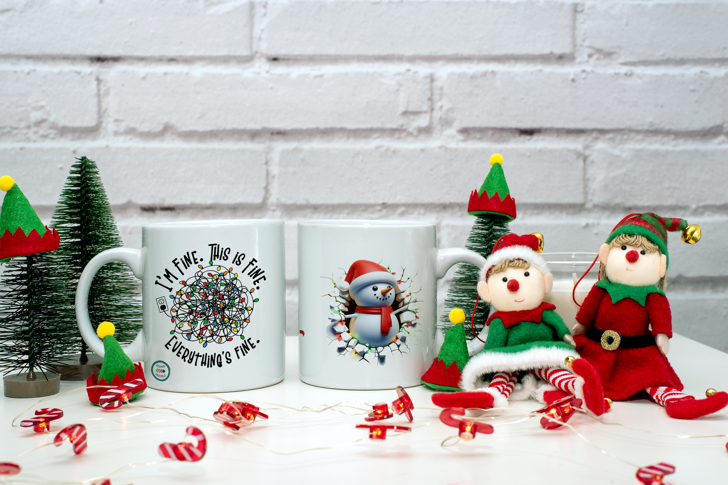 Christmas Mug - Christmas Lights in a Tangle -I'm Fine. This is Fine. Everything is Fine.  Snowman Popping Out