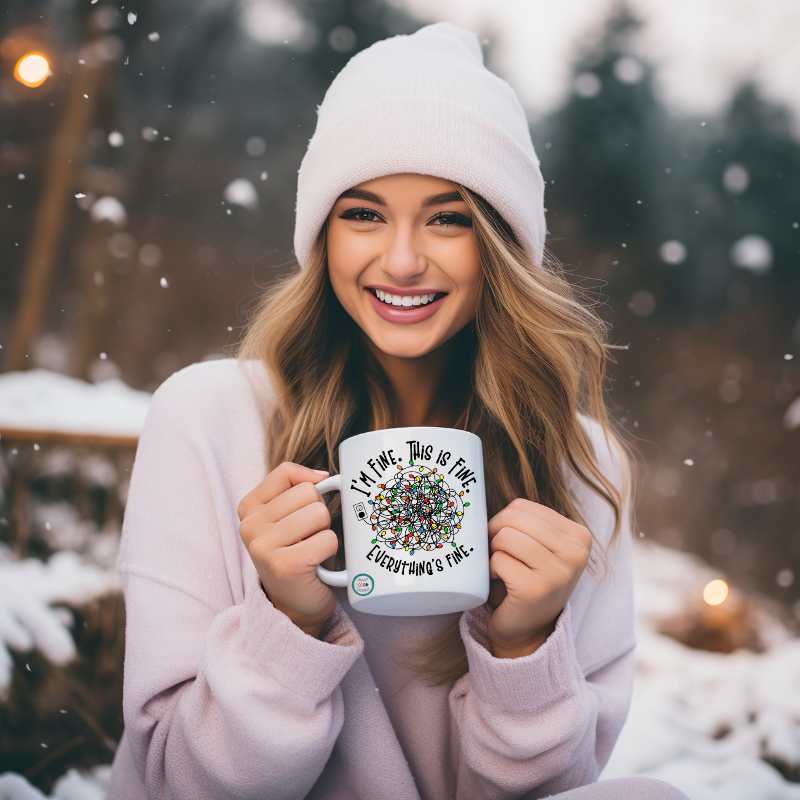 Christmas Mug - Christmas Lights in a Tangle -I'm Fine. This is Fine. Everything is Fine.  Snowman Popping Out